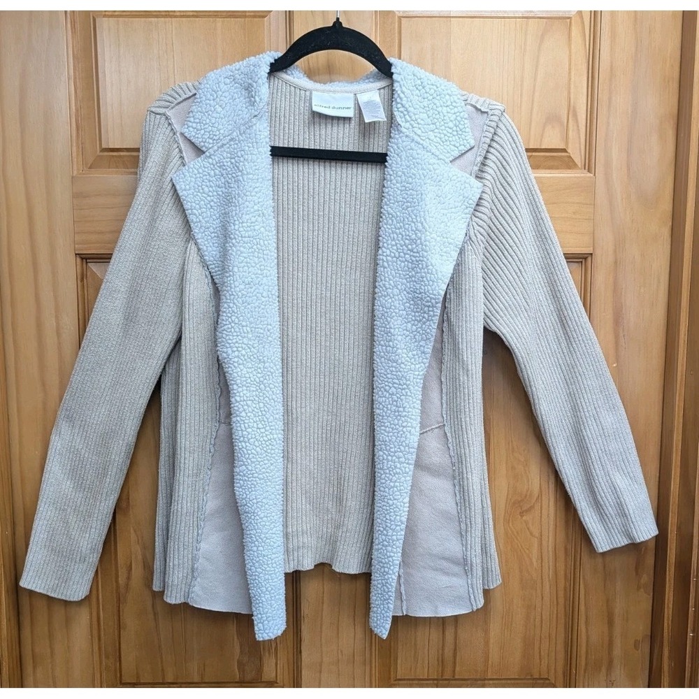 Alfred Dunner Women's 14 Sweater Cardigan Heavy Rib knit Collar Beige